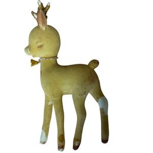 Vintage Flocked Reindeer Figurine Christmas Decor Gold Glitter Antlers Bell 7in